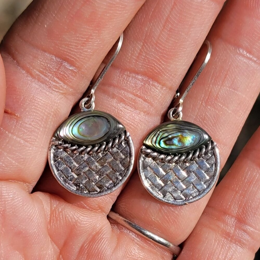 Unique natural abalone shell basket weave rope border circle 925 sterling silver